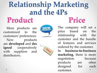 Relationship Marketing
and the 4Ps
More products are
customized to the
customers’ preferences.
New products
are developed and des
igned cooperatively
with suppliers and
distributors.
The company will set a
price based on the
relationship with the
customer and the bundle
of features and services
ordered by the customer.
In business-to-business
marketing, there is more
negotiation because
products are often
designed for each
customer.
 