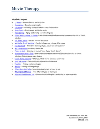 Movie Therapy
“See me before you need me.”
Dave Jenkins, DMin, LMFT
540-300-1973
Movie Examples
 17 Again – Second chances and priorities
 Courageous – Standing on principles
 Fire Proof – Rekindling love even when it’s not reciprocated
 Hope Floats – Starting over and loving again
 Hope Springs – Aging relationship and rekindling sex
 Guess Who’s Coming To Dinner – Self validation and self-determination even at the risk of family
rejection
 Mr. & Mrs. Smith – Secrets and self disclosure
 My Big Fat Greek Wedding – Family, in-laws, and cultural differences
 The Notebook – If I lost my memory of you, would you still love me?
 Not Easily Broken – Staying committed
 Pieces of April – Believing in yourself even if your family doesn’t
 Real Women Have Curves – Self-validation and self-determination even at the risk of family
rejection; following your own dreams
 Sweet Home Alabama – When you think you’re someone you’re not
 Shall We Dance – Overcoming boredom and complacency
 True Lies – Finding excitement again
 What If – Finding new beginnings
 When Harry Met Sally – Sometimes love is right in front of you
 Why Did I Get Married – Four different types of marriages
 Why Did I Get Married Too – The results of holding back and trying to appear perfect
 