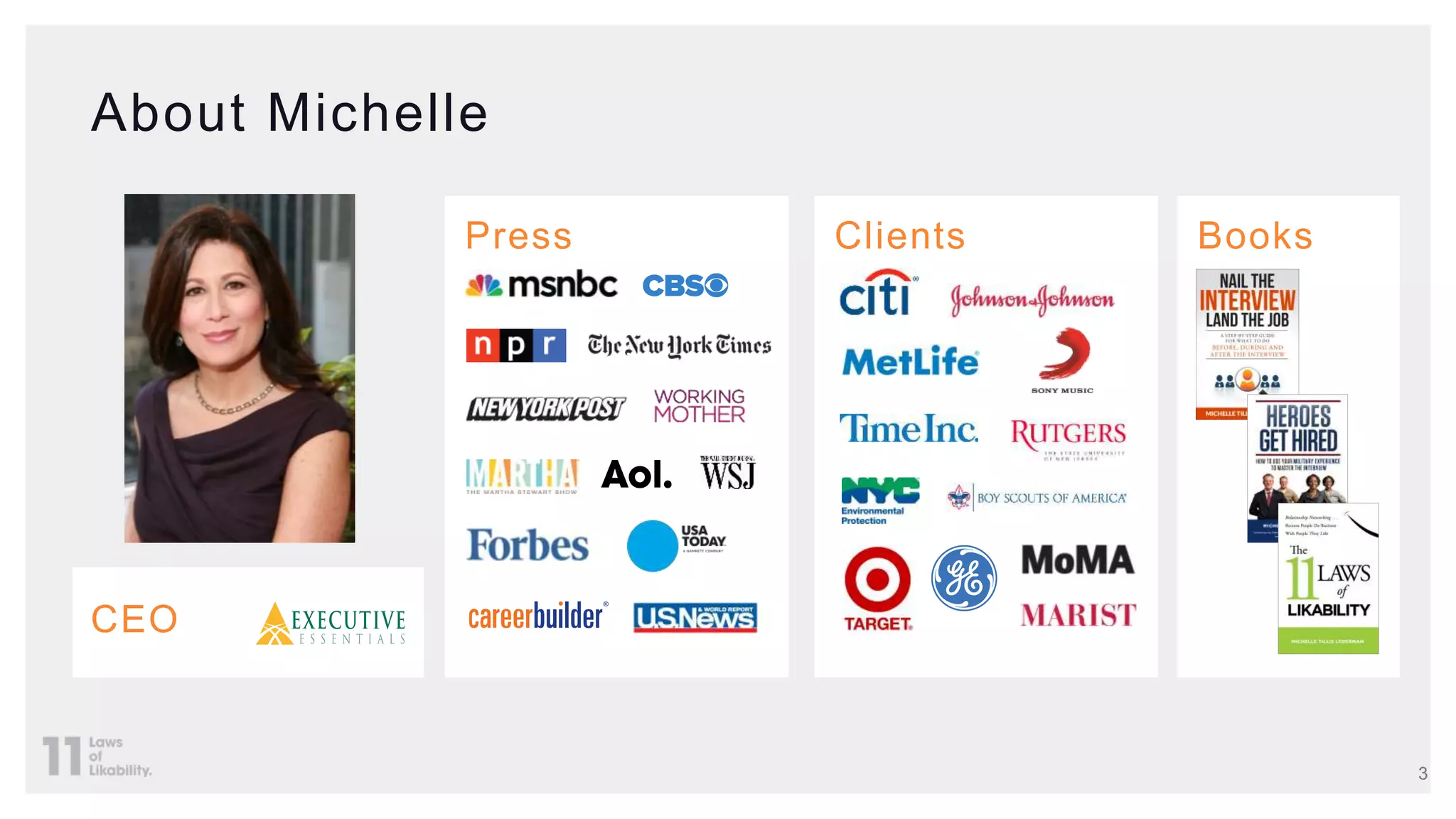 About Michelle
3
Press BooksClients
CEO
 