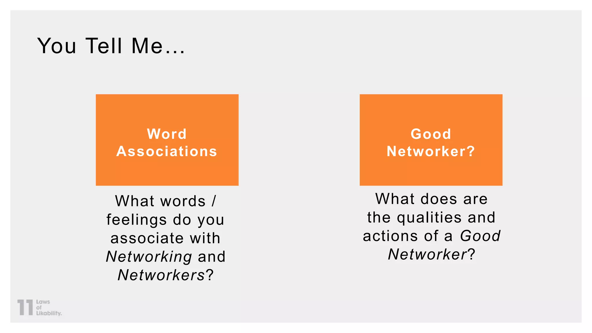 You Tell Me…
What words /
feelings do you
associate with
Networking and
Networkers?
What does are
the qualities and
actions of a Good
Networker?
Good
Networker?
Word
Associations
 