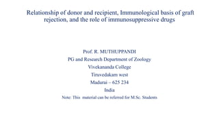 Relationship of donor and recipient, Immunological basis of graft
rejection, and the role of immunosuppressive drugs
Prof. R. MUTHUPPANDI
PG and Research Department of Zoology
Vivekananda College
Tiruvedakam west
Madurai – 625 234
India
Note: This material can be referred for M.Sc. Students
 