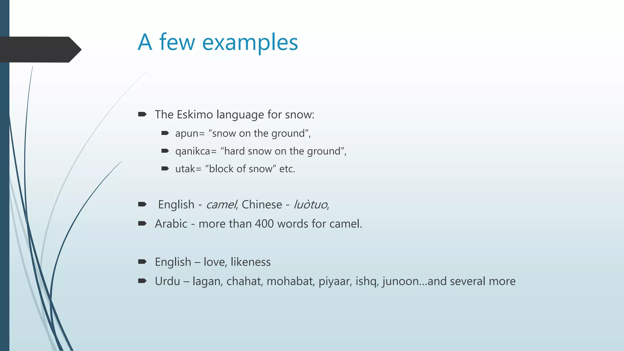 A few examples
 The Eskimo language for snow:
 apun= “snow on the ground”,
 qanikca= “hard snow on the ground”,
 utak= “block of snow” etc.
 English - camel, Chinese - luòtuo,
 Arabic - more than 400 words for camel.
 English – love, likeness
 Urdu – lagan, chahat, mohabat, piyaar, ishq, junoon…and several more
 