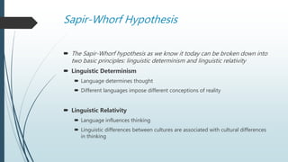 Sapir-Whorf Hypothesis
 The Sapir-Whorf hypothesis as we know it today can be broken down into
two basic principles: linguistic determinism and linguistic relativity
 Linguistic Determinism
 Language determines thought
 Different languages impose different conceptions of reality
 Linguistic Relativity
 Language influences thinking
 Linguistic differences between cultures are associated with cultural differences
in thinking
 