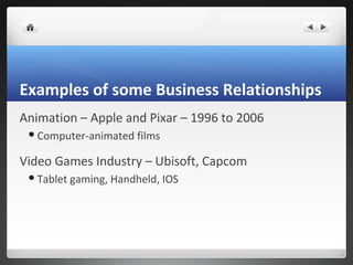 Examples of some Business Relationships
Animation – Apple and Pixar – 1996 to 2006
  Computer-animated     films

Video G...