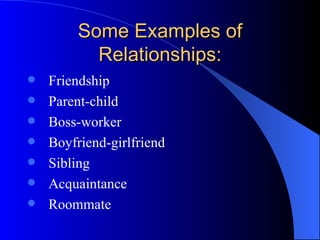 Some Examples of Relationships: Friendship Parent-child Boss-worker Boyfriend-girlfriend Sibling Acquaintance Roommate 