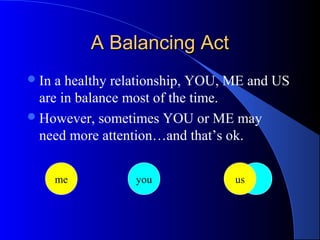 A Balancing ActA Balancing Act
In a healthy relationship, YOU, ME and US
are in balance most of the time.
However, sometimes YOU or ME may
need more attention…and that’s ok.
usme you
 
