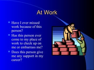At WorkAt Work
 Have I ever missed
work because of this
person?
 Has this person ever
come to my place of
work to check up on
me or embarrass me?
 Does this person give
me any support in my
career?
 