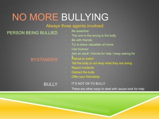 NO MORE BULLYING
Always three agents involved:
• Be assertive
• The one in the wrong is the bully
• Be with friends
• Try to leave valuables at home
• Use humour
• Ask an adult / friends for help / keep asking for
it
PERSON BEING BULLIED
BYSTANDER • Refuse to watch
• Tell the bully is not okay what they are doing
• Report incidents
• Distract the bully
• Offer your friendship
BULLY • IT’S NOT OK TO BULLY
• There are other ways to deal with issues look for help
 