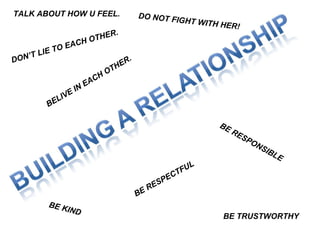 TALK ABOUT HOW U FEEL. BE RESPONSIBLE   BE RESPECTFUL BE KIND BE TRUSTWORTHY   DON’T LIE TO EACH OTHER. BELIVE IN EACH OTHER. DO NOT FIGHT WITH HER! 