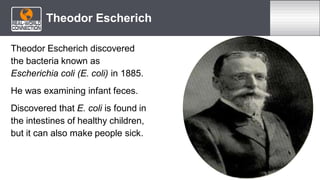Theodor Escherich discovered
the bacteria known as
Escherichia coli (E. coli) in 1885.
He was examining infant feces.
Discovered that E. coli is found in
the intestines of healthy children,
but it can also make people sick.
Theodor Escherich
 