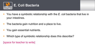  You have a symbiotic relationship with the E. coli bacteria that live in
your intestines.
 The bacteria gain nutrition and a place to live.
 You gain essential nutrients.
 Which type of symbiotic relationship does this describe?
[space for teacher to write]
E. Coli Bacteria
 