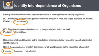 *
Identify Interdependence of Organisms
Identify the interaction used to describe each type of interdependence among organisms.
DD1 Having too many fish in a pond can limit the amount of food and space available for the fish.
Predation Competition
DD2 The cheetah population depends on the gazelle population for food.
Predation Competition
Determine what would happen to the populations organisms below, given the type of relationship
identified above.
DD3 If the population of cheetah decreases, what would happen to the population of gazelle?
Increase Decrease Not affected
 