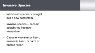  Introduced species - brought
into a new ecosystem
 Invasive species – become
established into new
ecosystem
 Cause environmental harm,
economic harm, or harm to
human health
Invasive Species
 