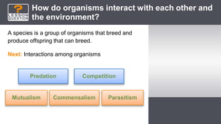 How do organisms interact with each other and
the environment?
A species is a group of organisms that breed and
produce offspring that can breed.
Next: Interactions among organisms
Mutualism Commensalism Parasitism
Predation Competition
 
