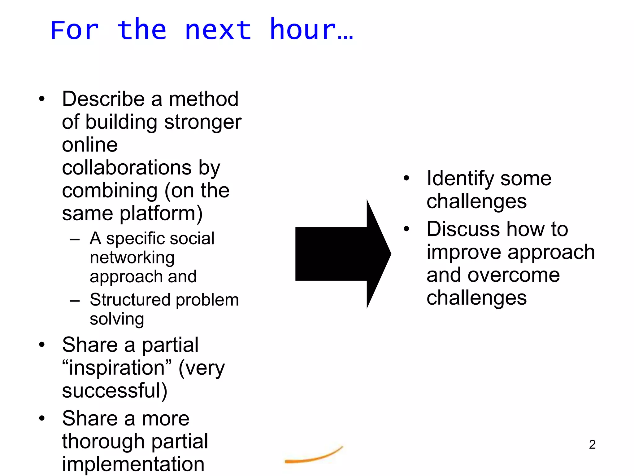 2For the next hour…Describe a method of building stronger online collaborations by combining (on the same platform)A specific social networking approach andStructured problem solvingShare a partial “inspiration” (very successful)Share a more thorough partial implementationIdentify some challengesDiscuss how to improve approach and overcome challenges
