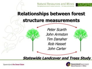 Relationships between forest
    1




  structure measurements
              Peter Scarth
             John Armston
             Tim Danaher
              Rob Hasset
              John Carter

  Statewide Landcover and Trees Study
 