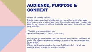 AUDIENCE, PURPOSE &
CONTEXT
Discuss the following scenario:
Imagine you are a computer scientist, and you have written an important paper
about cybersecurity. You have been invited to speak at a conference to explain your
ideas. As you prepare your slides and notes for your speech, you are thinking about
these questions:
•What kind of language should I use?
•What information should I include on my slides?
Now, imagine you are the same computer scientist, and you have a nephew in 3rd
grade. Your nephew’s teacher has invited you to come to his class to explain what
you do at work.
Will you give the same speech to the class of eight-year-olds? How will your
language and information be the same or different?
 