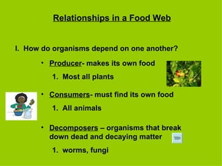 Relationships in a Food Web I.  How do organisms depend on one another? ,[object Object],[object Object],[object Object],[object Object],[object Object],[object Object]