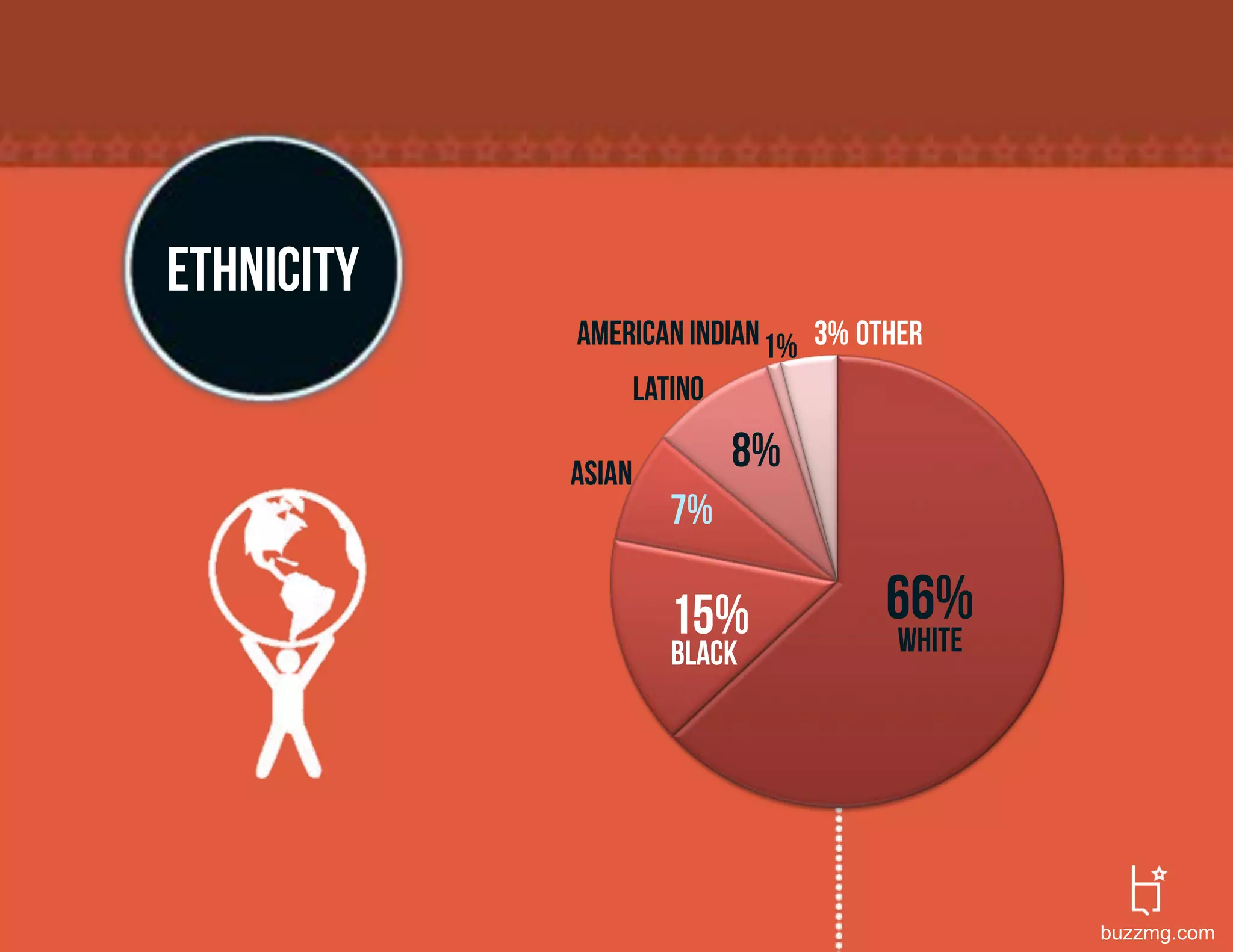 ethnicity
            American Indian 1% 3% other
                    Latino

            Asian
                             8%
                       7%

                       15%          66%
                       black         white




                                             buzzmg.com
 