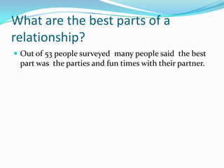 What are the best parts of a relationship?Out of 53 people surveyed  many people said  the best part was  the parties and fun times with their partner.