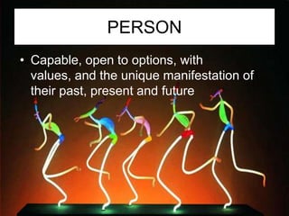 PERSON
• Capable, open to options, with
  values, and the unique manifestation of
  their past, present and future
 