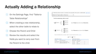 #EMPOWER2015
① On the Settings Page, find “Table-to-
Table Relationships”
② When creating a new relationship,
select the other table to relate to
③ Choose the Parent and Child
④ Review the results and select the
fields you want to carry over from
the Parent to the child
Actually Adding a Relationship
 