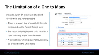 #EMPOWER2015
We can’t report on the details of a Child
Record from the Parent Record
• There is a report that shows Child Records
embedded on the Parent Record form
• The report only displays the child records, it
does not carry any of their data over
• A lookup field, which is reportable, can only
be created on the Child Table
The Limitation of a One to Many
 