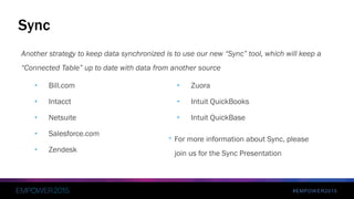 #EMPOWER2015
Another strategy to keep data synchronized is to use our new “Sync” tool, which will keep a
“Connected Table” up to date with data from another source
Sync
• Bill.com
• Intacct
• Netsuite
• Salesforce.com
• Zendesk
– More on this in
• Zuora
• Intuit QuickBooks
• Intuit QuickBase
– e on this in the
Sync
presentation
* For more information about Sync, please
join us for the Sync Presentation
 