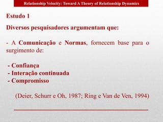 Relationship Velocity: Toward A Theory of Relationship Dynamics 
Estudo 1 
Diversos pesquisadores argumentam que: 
- A Comunicação e Normas, fornecem base para o 
surgimento de: 
- Confiança 
- Interação continuada 
- Compromisso 
(Deier, Schurr e Oh, 1987; Ring e Van de Ven, 1994) 
 