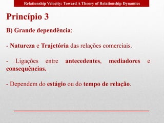 Relationship Velocity: Toward A Theory of Relationship Dynamics 
Princípio 3 
B) Grande dependência: 
- Natureza e Trajetória das relações comerciais. 
- Ligações entre antecedentes, mediadores e 
consequências. 
- Dependem do estágio ou do tempo de relação. 
 