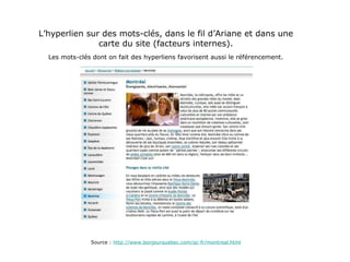 L’hyperlien sur des mots-clés, dans le fil d’Ariane et dans une carte du site (facteurs internes). Les mots-clés dont on fait des hyperliens favorisent aussi le référencement. Source :  http://www.bonjourquebec.com/qc-fr/montreal.html 