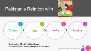 1 2 3 4
The Power of PowerPoint | thepopp.com
Pakistan's Relation with
China Iran India Russia
1
Instructor: Mr. Ali Haider Saeed
Collaborators: Wajid, Maryam, Bakhtawar
 