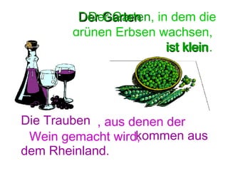 Der Garten in dem die
Der Garten,
grünen Erbsen wachsen,
ist klein
klein.

Die Trauben, , aus denen der
aus denen der
Wein gemacht wird, kommen aus
Wein gemacht wird,
dem Rheinland.

 
