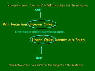Accusative case: “our uncle” is

den

not the subject of the sentence.

Wir besuchen unseren Onkel.
Same thing in different grammatical cases.

Unser Onkel kommt aus Polen.

der
Nominative case: “our uncle” is the subject of the sentence.

 