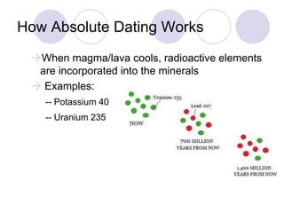 How Absolute Dating Works
When magma/lava cools, radioactive elements
are incorporated into the minerals
 Examples:
-- Potassium 40
-- Uranium 235
 