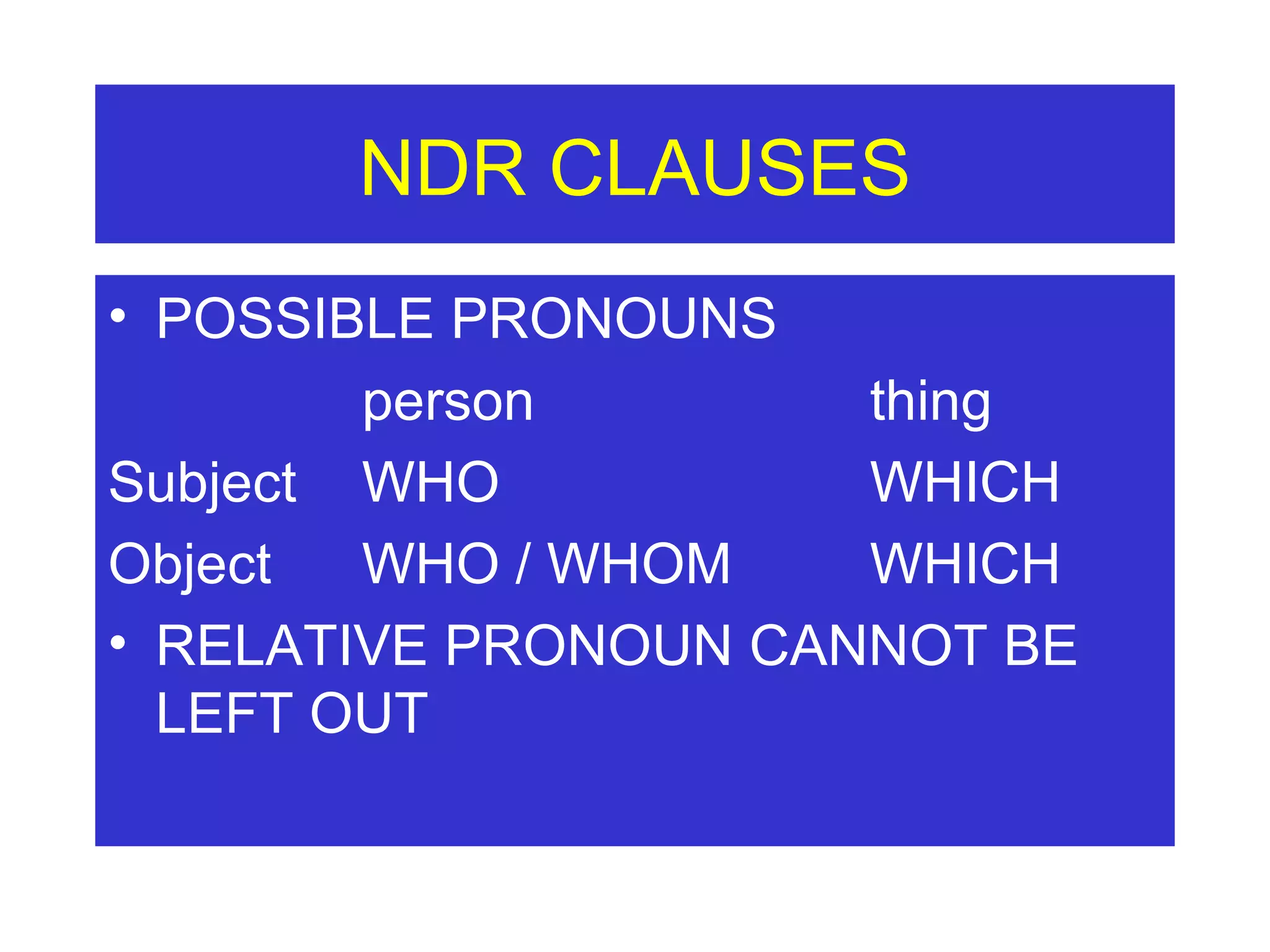 NDR CLAUSES POSSIBLE PRONOUNS person thing Subject WHO WHICH Object WHO / WHOM WHICH RELATIVE PRONOUN CANNOT BE LEFT OUT 