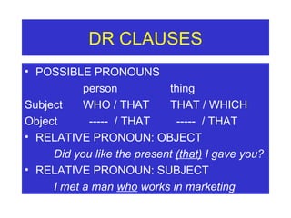 DR CLAUSES POSSIBLE PRONOUNS  person thing Subject WHO / THAT THAT / WHICH Object   -----  / THAT   -----  / THAT RELATIVE PRONOUN: OBJECT Did you like the present  (that)  I gave you? RELATIVE PRONOUN: SUBJECT I met a man  who  works in marketing 