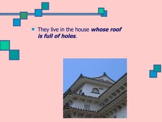 They live in the house  whose roof is full of holes . 
