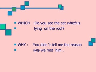 WHICH : Do you see the cat  which  is  lying  on the roof?  WHY :  You didn´t tell me  the reason  why  we met  him . 