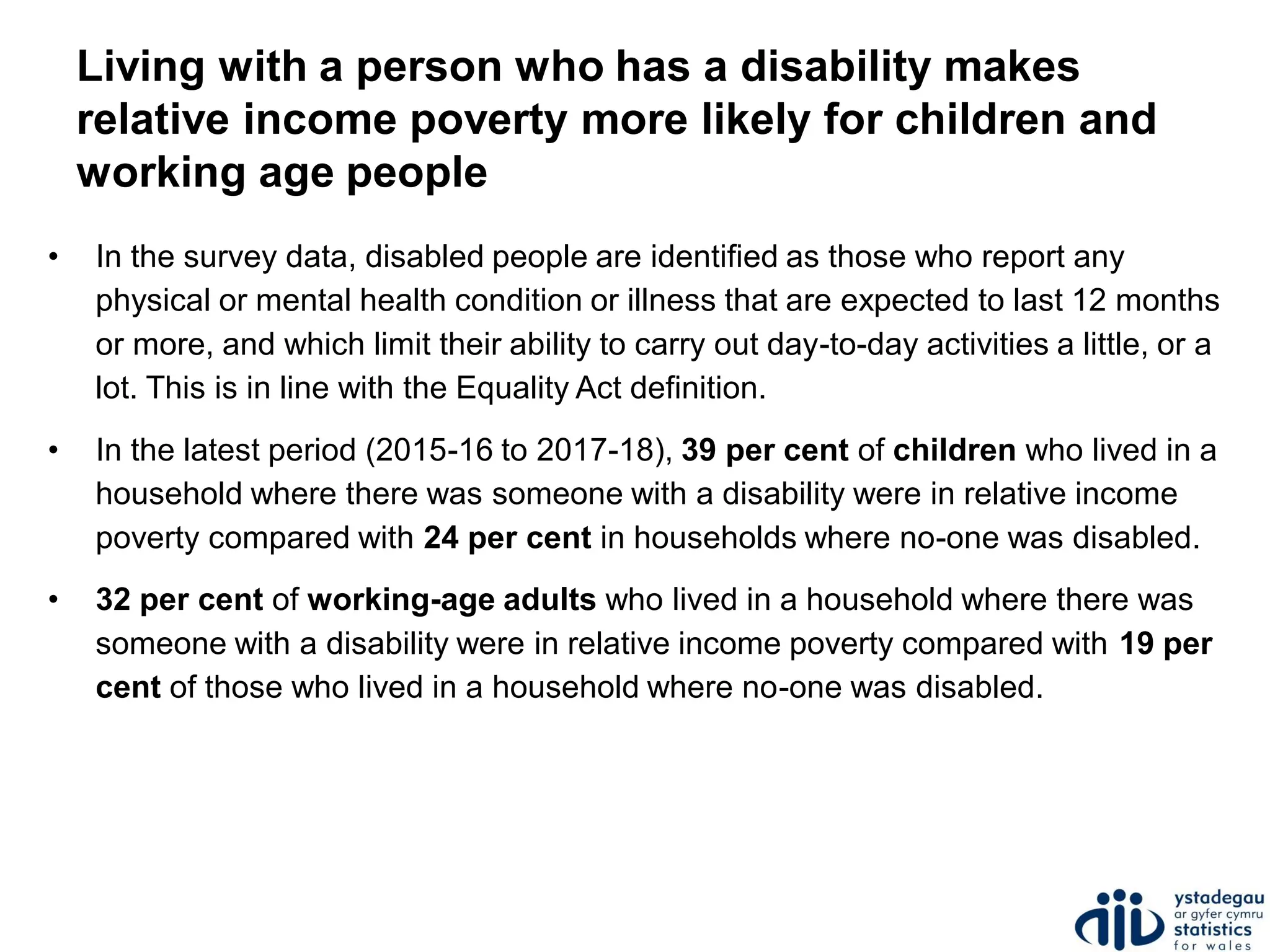 Living with a person who has a disability makes
relative income poverty more likely for children and
working age people
• In the survey data, disabled people are identified as those who report any
physical or mental health condition or illness that are expected to last 12 months
or more, and which limit their ability to carry out day-to-day activities a little, or a
lot. This is in line with the Equality Act definition.
• In the latest period (2015-16 to 2017-18), 39 per cent of children who lived in a
household where there was someone with a disability were in relative income
poverty compared with 24 per cent in households where no-one was disabled.
• 32 per cent of working-age adults who lived in a household where there was
someone with a disability were in relative income poverty compared with 19 per
cent of those who lived in a household where no-one was disabled.