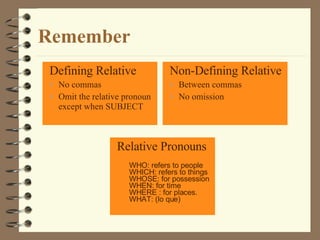 Remember Defining Relative No commas Omit the relative pronoun except when SUBJECT Non-Defining Relative Between commas No omission Relative Pronouns WHO: refers to people WHICH: refers to things WHOSE: for possession WHEN: for time WHERE : for places. WHAT: (lo que) 