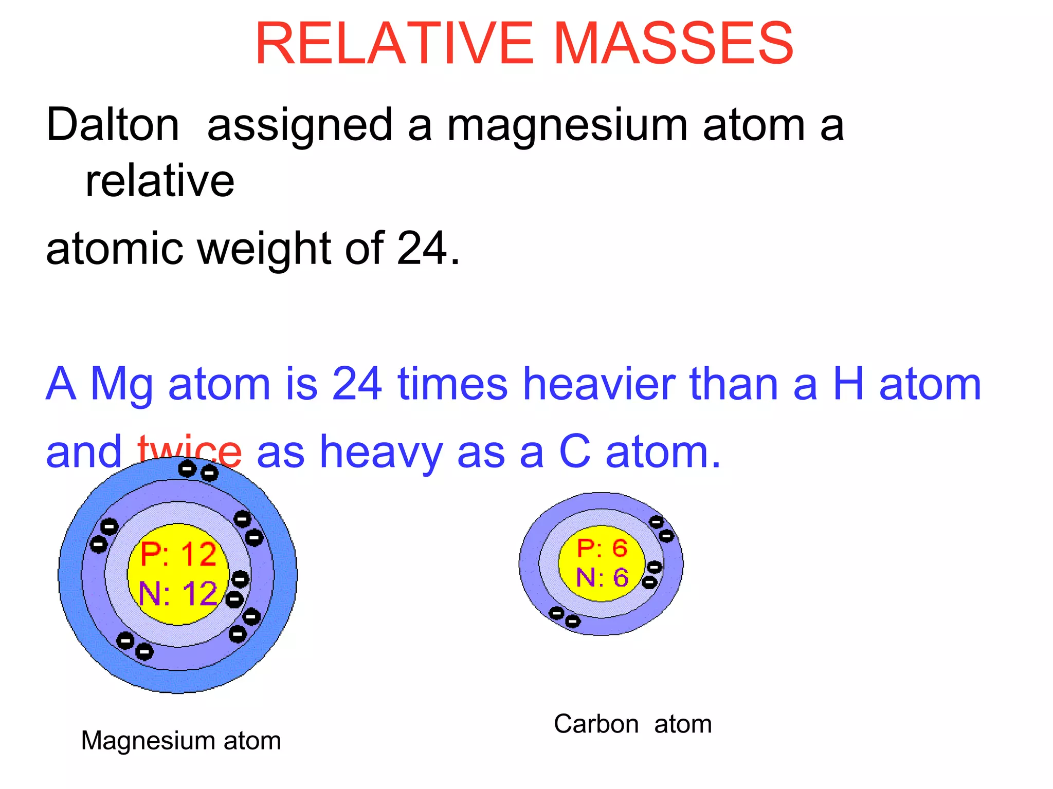 RELATIVE MASSES
Dalton assigned a magnesium atom a
relative
atomic weight of 24.
A Mg atom is 24 times heavier than a H atom
and twice as heavy as a C atom.
Magnesium atom
Carbon atom
 