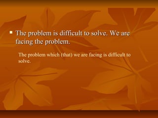  The problem is difficult to solve. We areThe problem is difficult to solve. We are
facing the problem.facing the problem.
The problem which (that) we are facing is difficult to
solve.
 