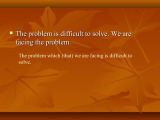  The problem is difficult to solve. We areThe problem is difficult to solve. We are
facing the problem.facing the problem.
The problem which (that) we are facing is difficult to
solve.
 