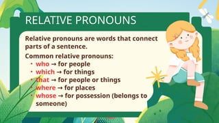 RELATIVE PRONOUNS
Common relative pronouns:
• who for people
→
• which for things
→
• that for people or things
→
• where for places
→
• whose for possession (belongs to
→
someone)
Relative pronouns are words that connect
parts of a sentence.
 