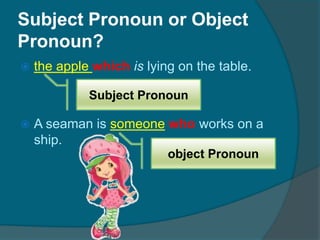 Subject Pronoun or Object Pronoun?the apple whichis lying on the table.A seaman issomeonewhoworks on a ship.Subject Pronounobject Pronoun