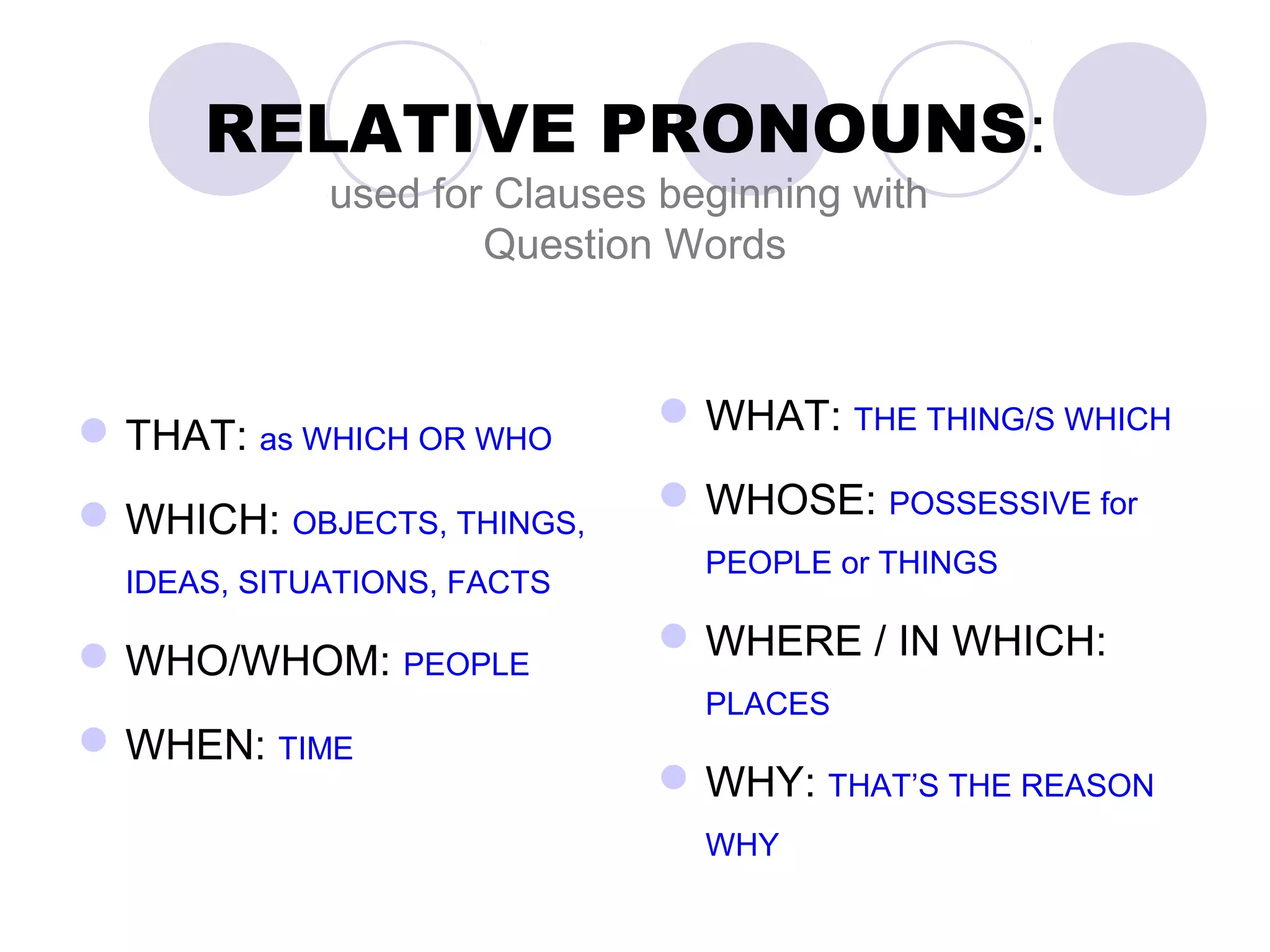 RELATIVE PRONOUNS:
             used for Clauses beginning with
                     Question Words



 THAT: as WHICH OR WHO       WHAT: THE THING/S WHICH

 WHICH: OBJECTS, THINGS,     WHOSE: POSSESSIVE for
                                PEOPLE or THINGS
  IDEAS, SITUATIONS, FACTS

 WHO/WHOM: PEOPLE            WHERE / IN WHICH:
                                PLACES
 WHEN: TIME
                              WHY: THAT’S THE REASON
                                WHY
 