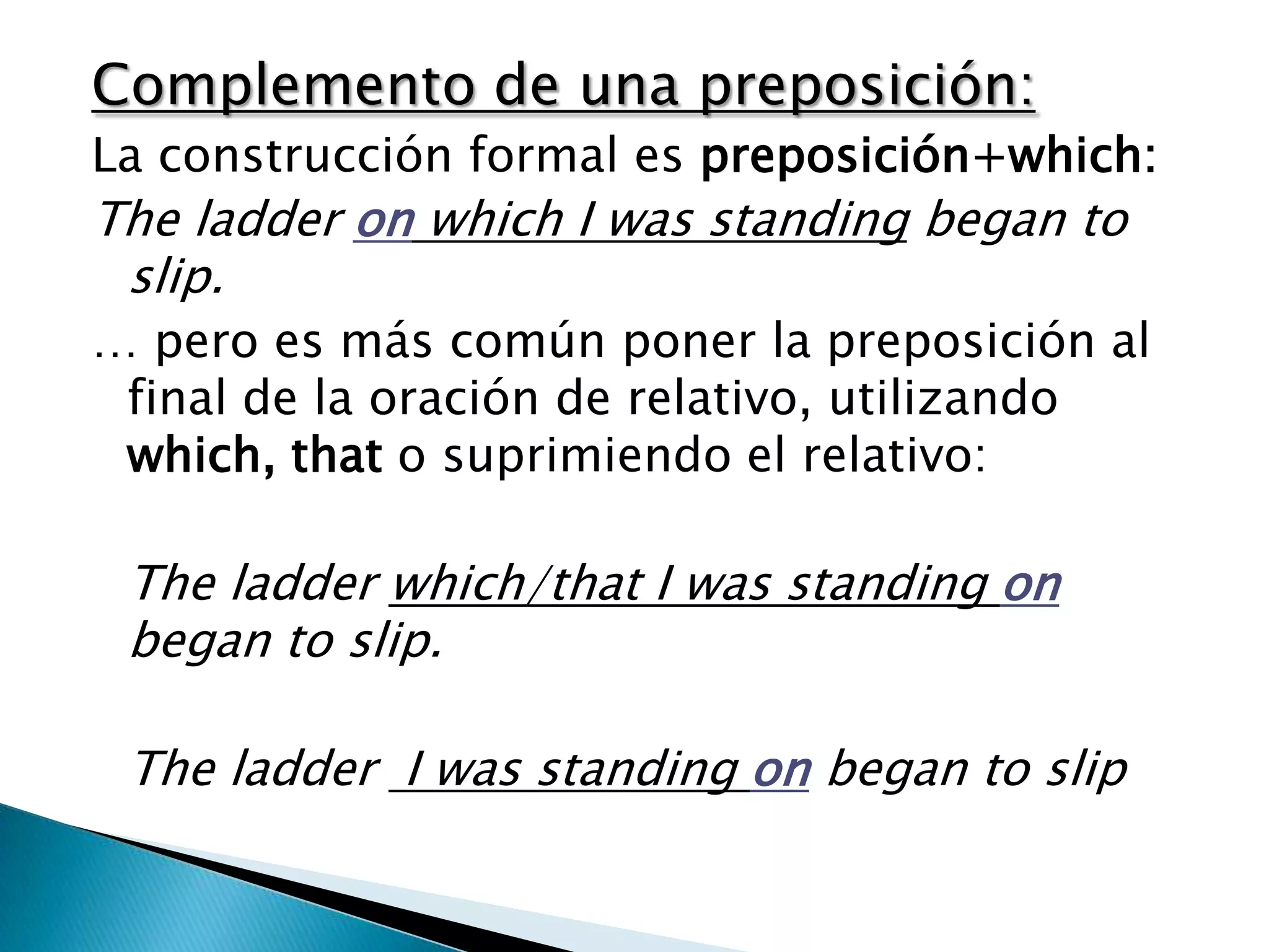 Complemento de una preposición:
La construcción formal es preposición+which:
The ladder on which I was standing began to
 slip.
… pero es más común poner la preposición al
 final de la oración de relativo, utilizando
 which, that o suprimiendo el relativo:

 The ladder which/that I was standing on
 began to slip.

 The ladder I was standing on began to slip
 
