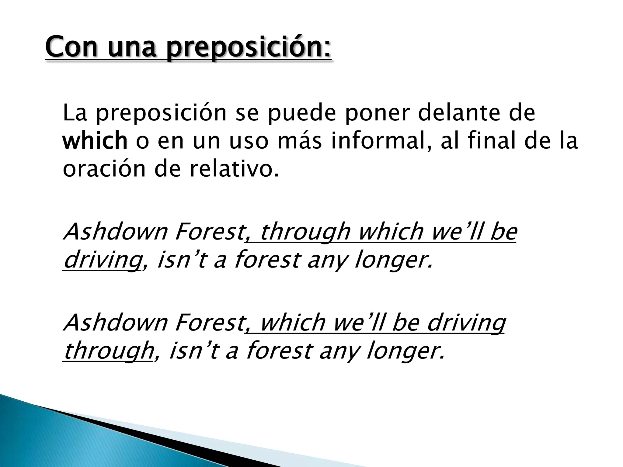 Con una preposición:

 La preposición se puede poner delante de
 which o en un uso más informal, al final de la
 oración de relativo.

 Ashdown Forest, through which we’ll be
 driving, isn’t a forest any longer.

 Ashdown Forest, which we’ll be driving
 through, isn’t a forest any longer.
 