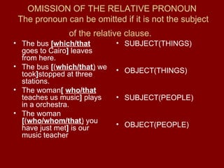 OMISSION OF THE RELATIVE PRONOUN   The pronoun can be omitted if it is not the subject of the relative clause.   The bus  [ which/that  goes to Cairo ]  leaves from here. The bus  [ ( which/that )  we took ] stopped at three stations. The woman [   who/that  teaches us music ]  plays in a orchestra. The woman  [ ( who/whom/that )  you have just met ]  is our music teacher   SUBJECT(THINGS) OBJECT(THINGS) SUBJECT(PEOPLE) OBJECT(PEOPLE) 